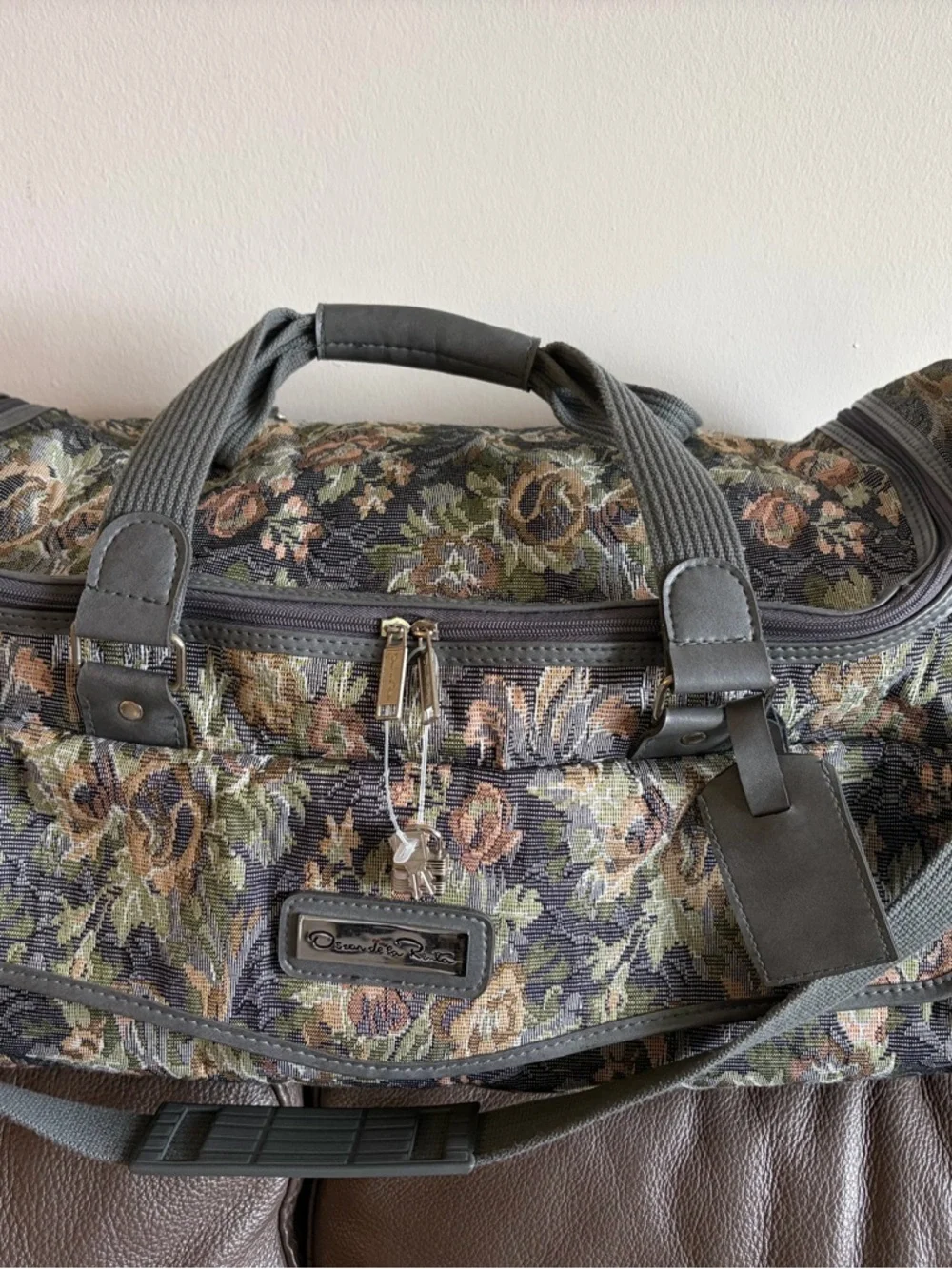Oscar de la Renta Gray, Olive, Rust & Cream Floral Tapestry Weekender - Picture 2 of 14
